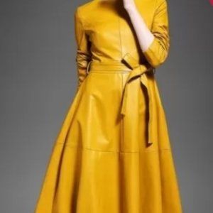 Round Neck Long Sleeve Yellow/Green Faux Leather Dress for Ladies